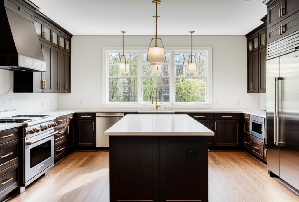Luxurious modern kitchen remodel in Bellaire with white quartz countertops and gold hardware